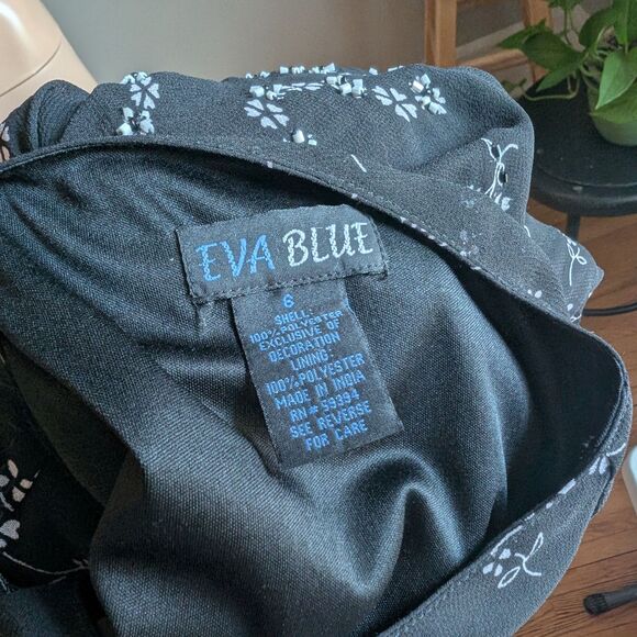 Vintage 90s Y2K Eva Blue Black Midi Dress Floral Beaded Whimsygoth Fairycore 6 - Picture 8 of 8